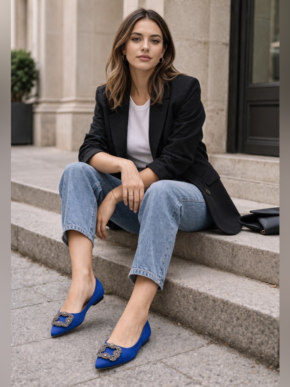 Manolo Blahnik Hangisi Blue Satin Flats Crystal Buckle Pointed Toe EU 39